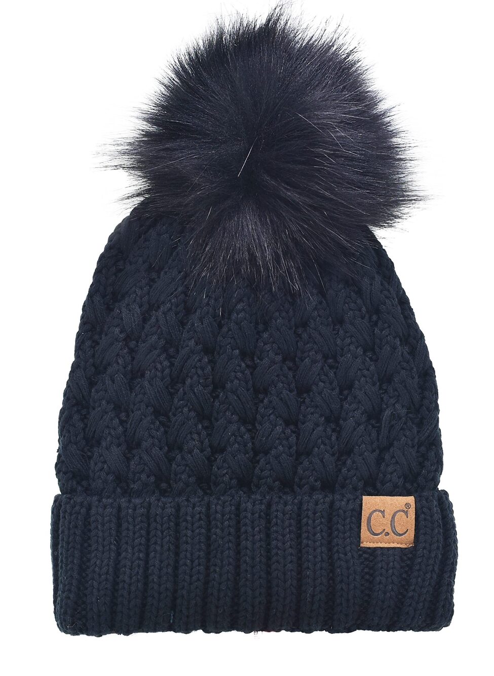 9371 Beanie ’s Thick Cable Knit Faux Fuzzy Fur Pom Lattice Crossover Fleece